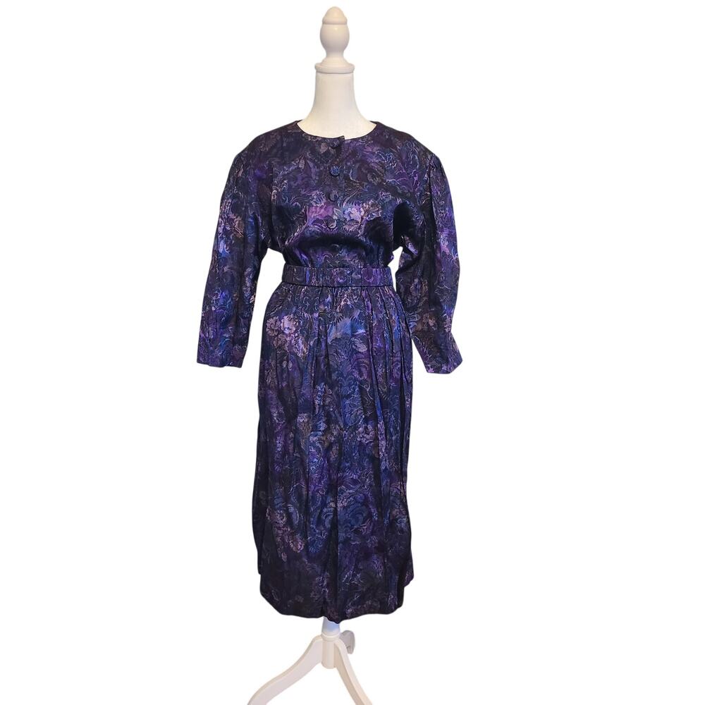 Vintage 80s Purple Floral Button Button Up Blazer and Matching Midi Skirt Set